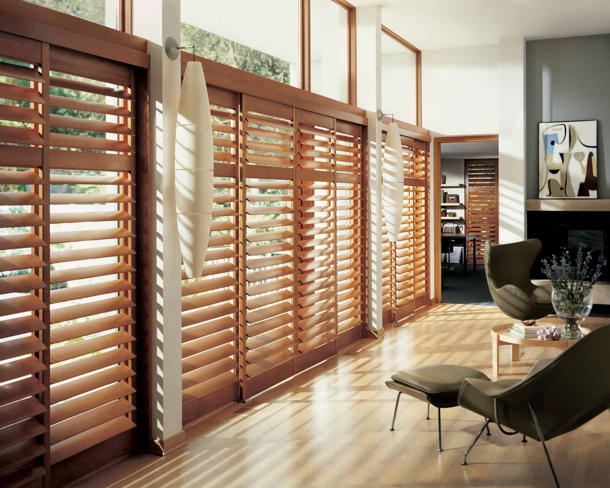 Faux wood composite shutters in a bright kitchen