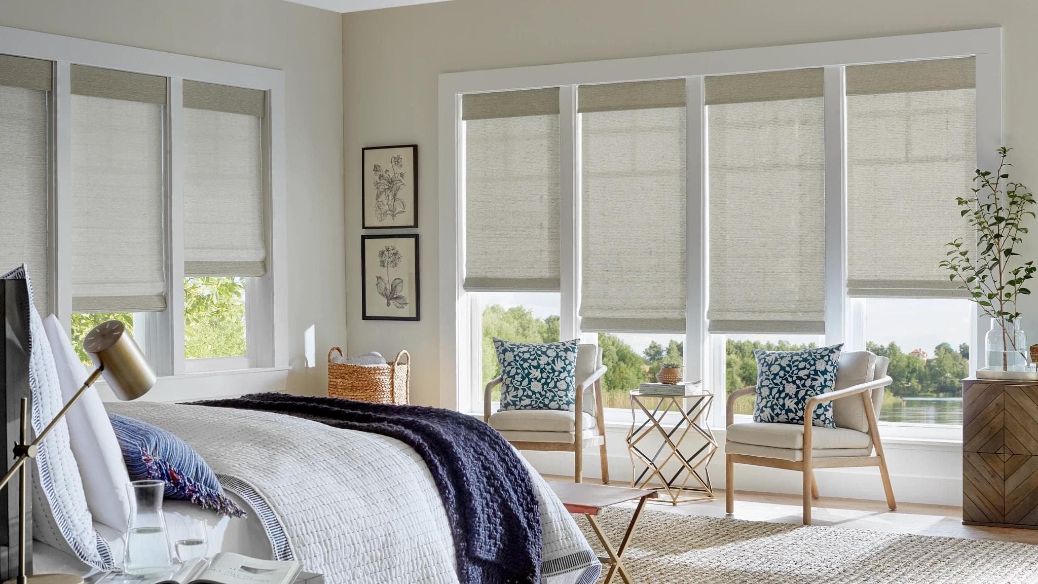 Natural woven bamboo shades in a sunlit room