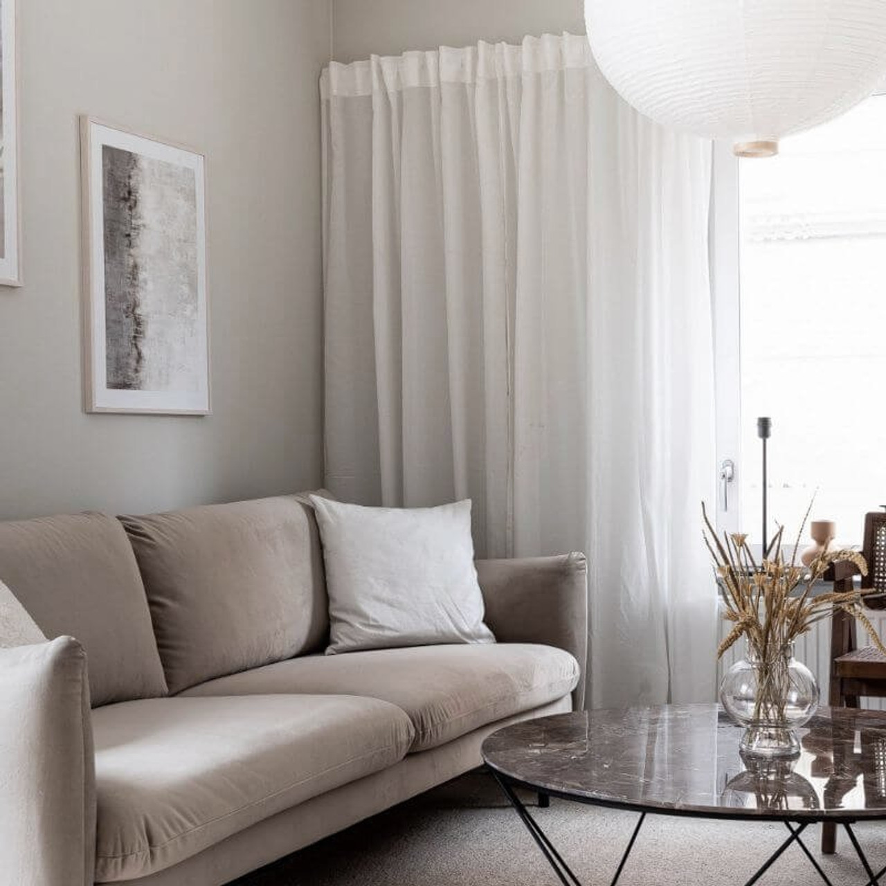 Cotton and performance fabric drapery in a bright space