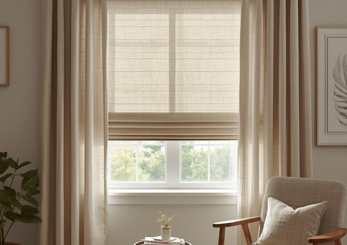 Window with woven Roman shade and floor-length curtains