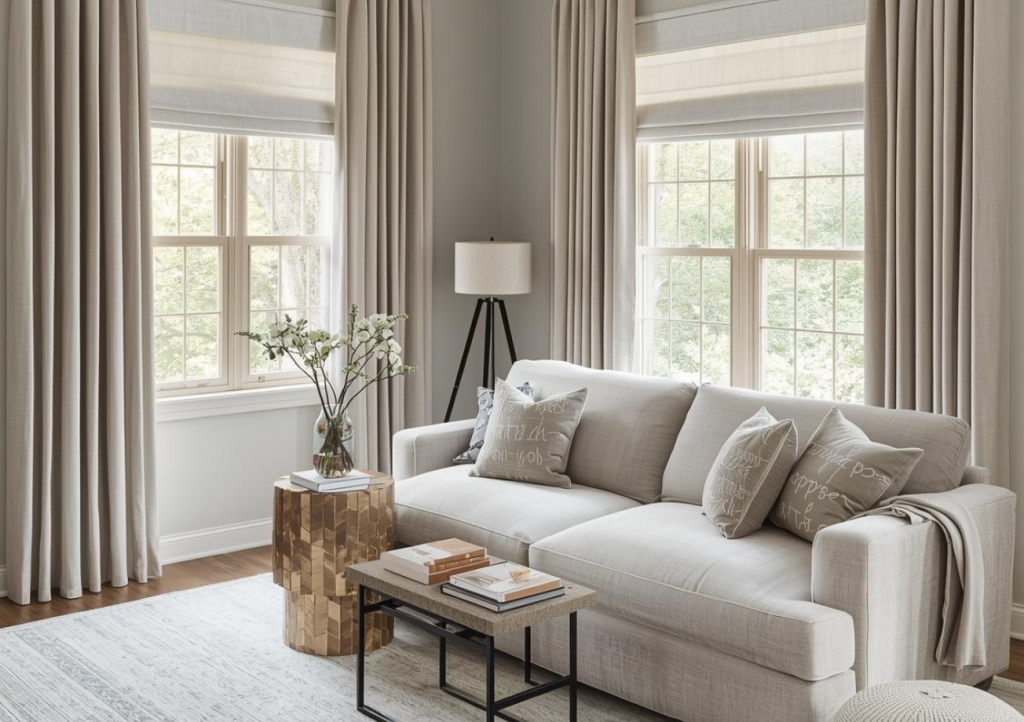 Living room with layered shades, floor-length curtains, and neutral furnishings