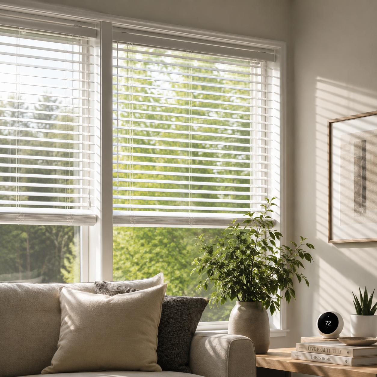 Custom wood blinds installed on a living room window